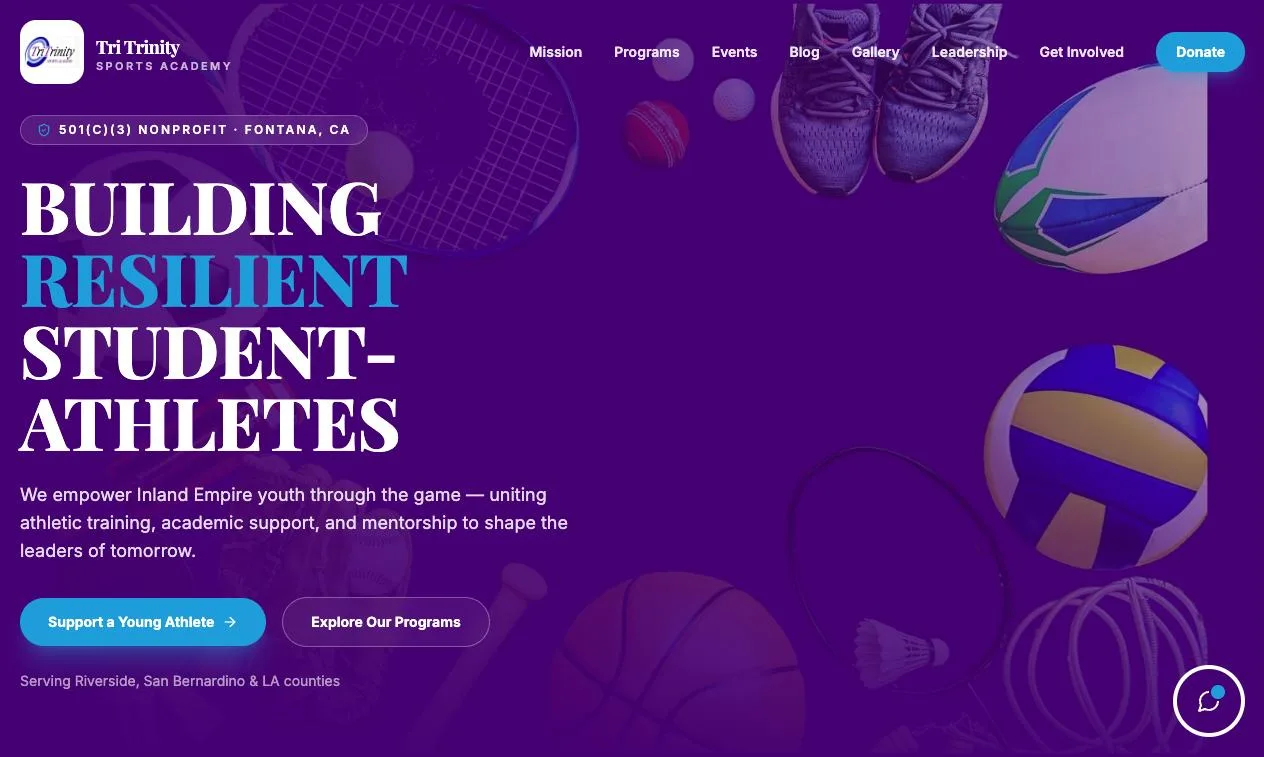 Homepage of Tri Trinity Sports Academy (tritrinitysportsacademy.org), a website built by 3 In 1 AI