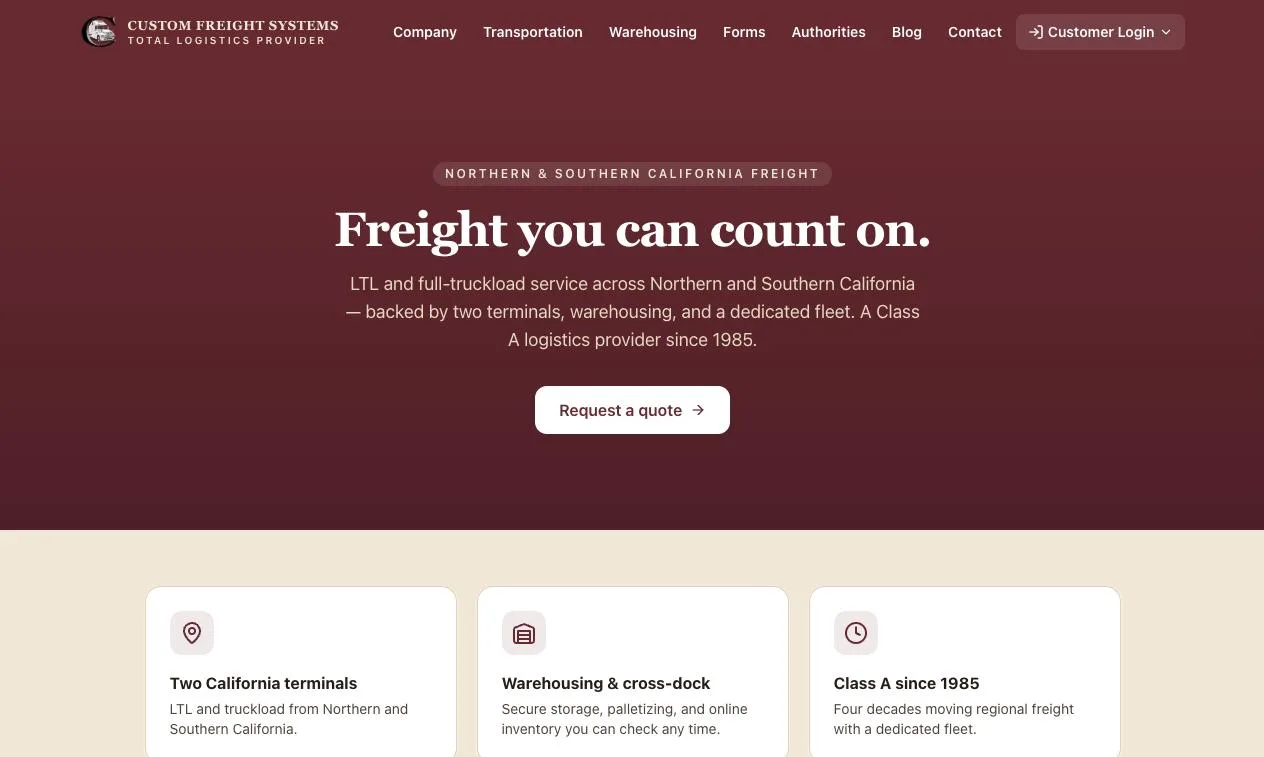 Homepage of Custom Freight Systems (customfreight.com), a website built by 3 In 1 AI