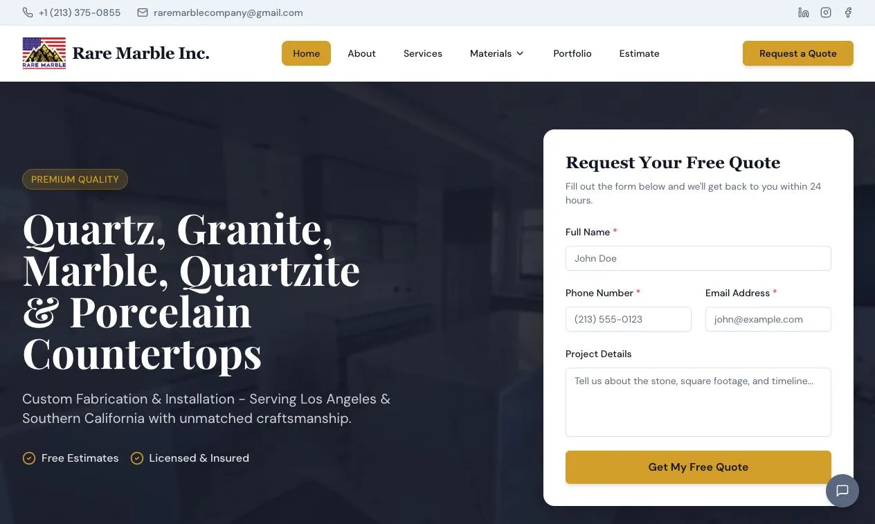 Homepage of Rare Marble Inc. (raremarbleinc.com), a website built by 3 In 1 AI